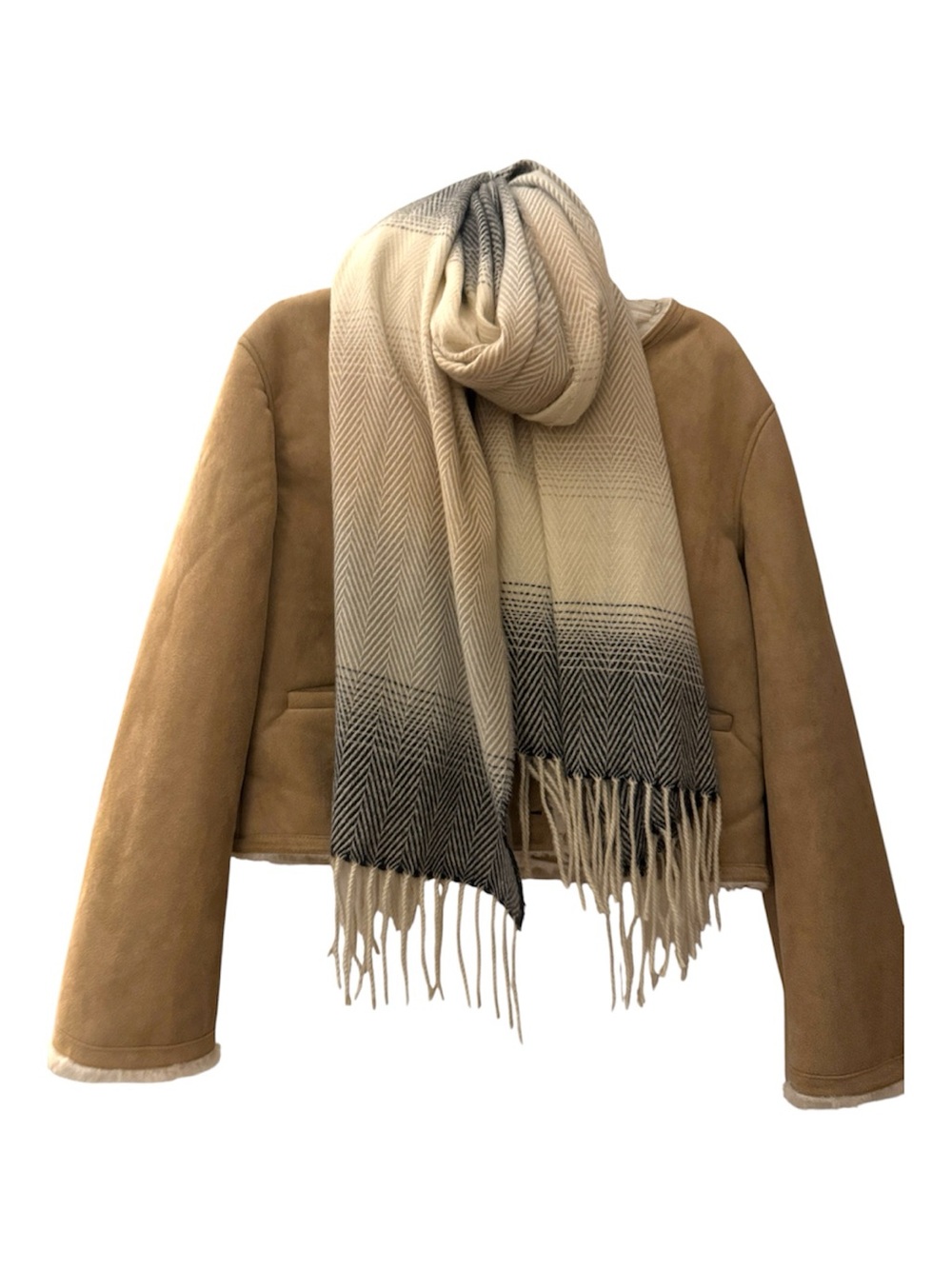 Nine West Neutral Tone Ombre Herringbone Fringe Scarf in Cream Tan and Gray